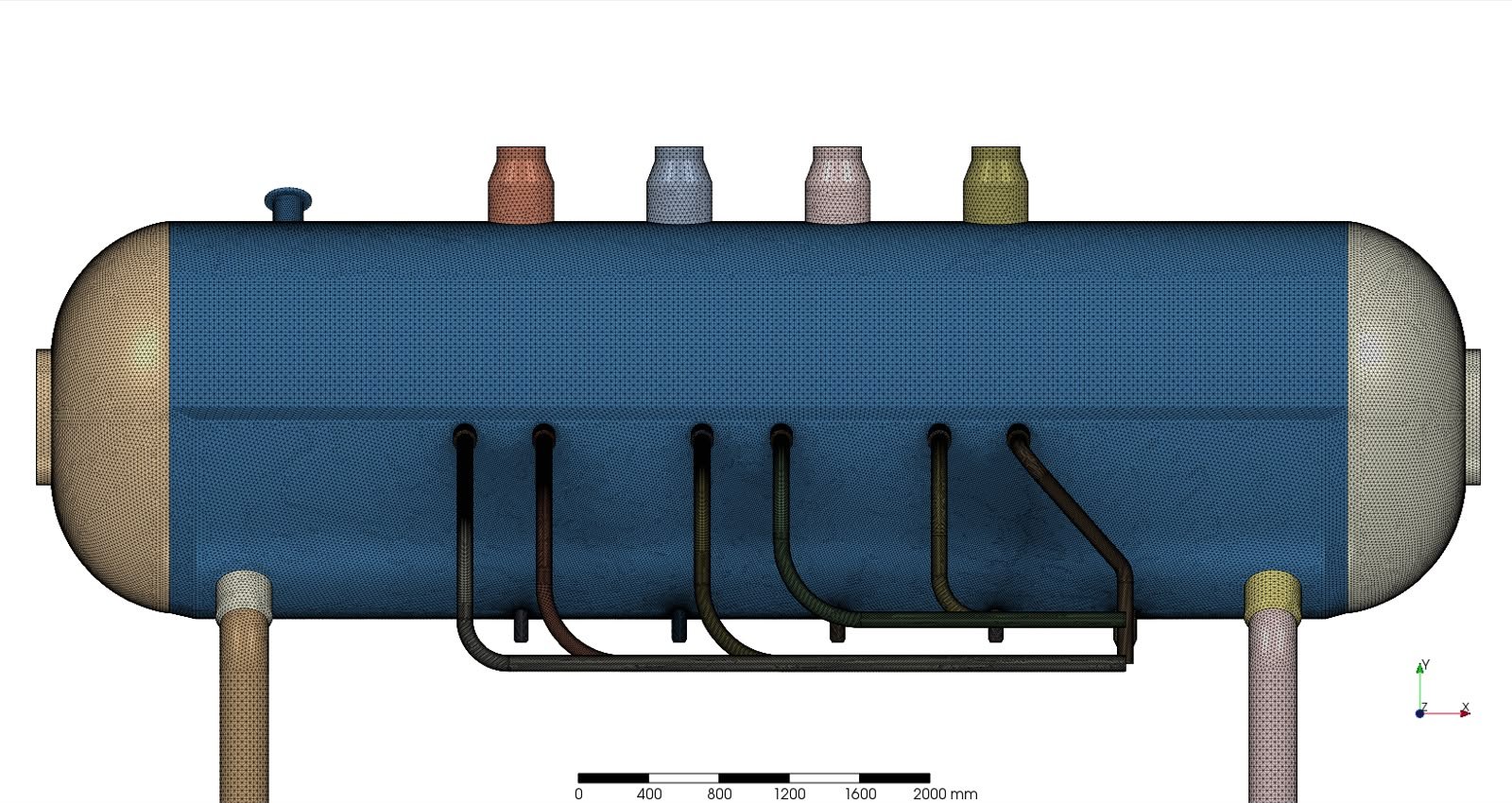 Finite-element mesh model of an industrial pressure vessel and connected piping